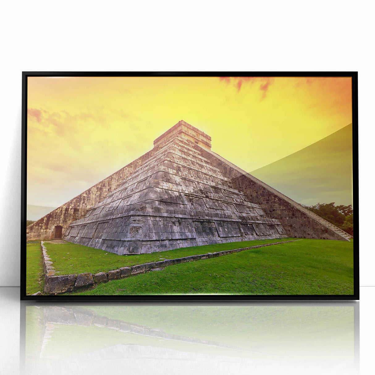 Large abstract wall art depicting a Yucatan scenery in mid-century modernist style, framed in black acrylic.