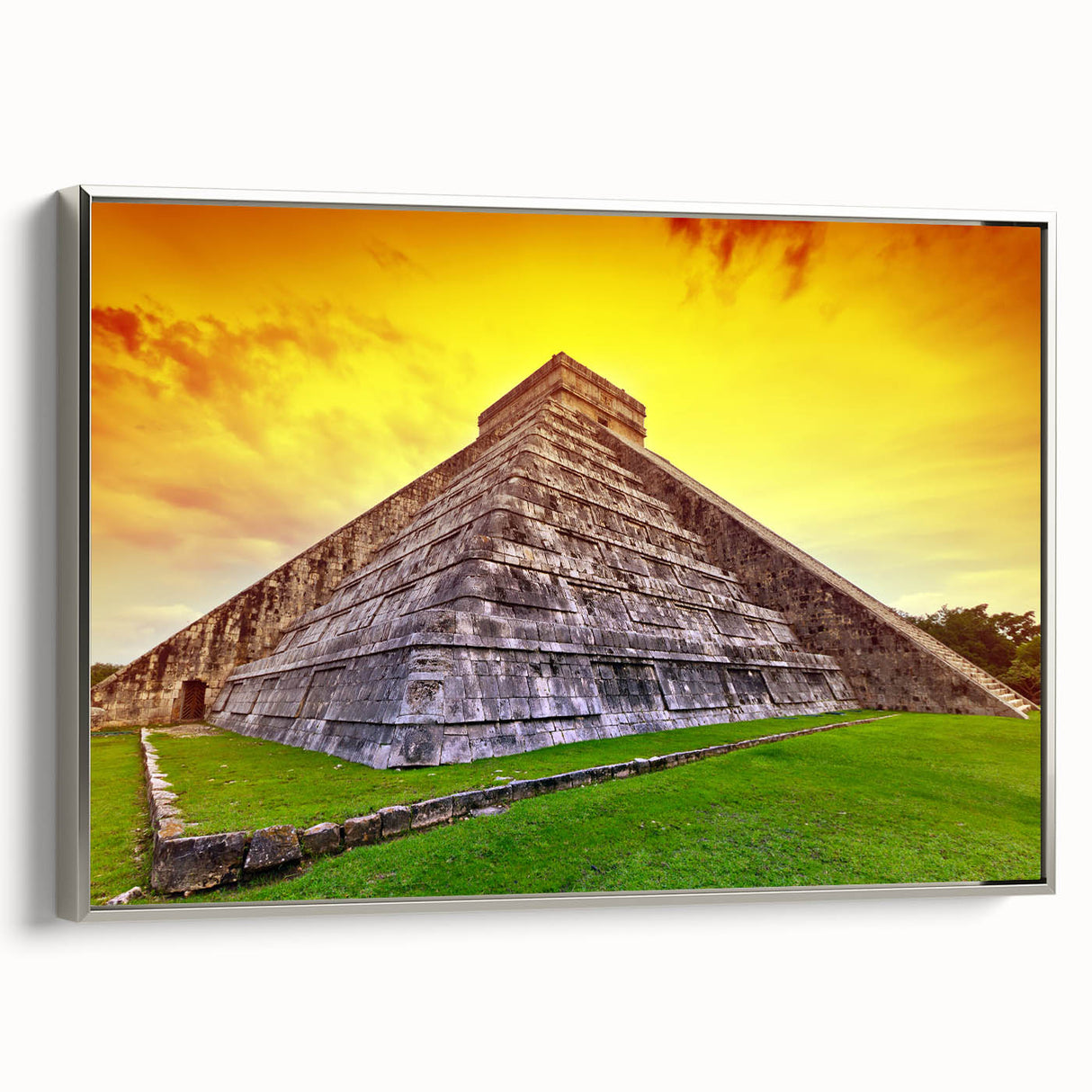 Framed canvas landscape art painting depicting a vintage Mexican Yucatan scene in colorful hues, ideal for living room decor.