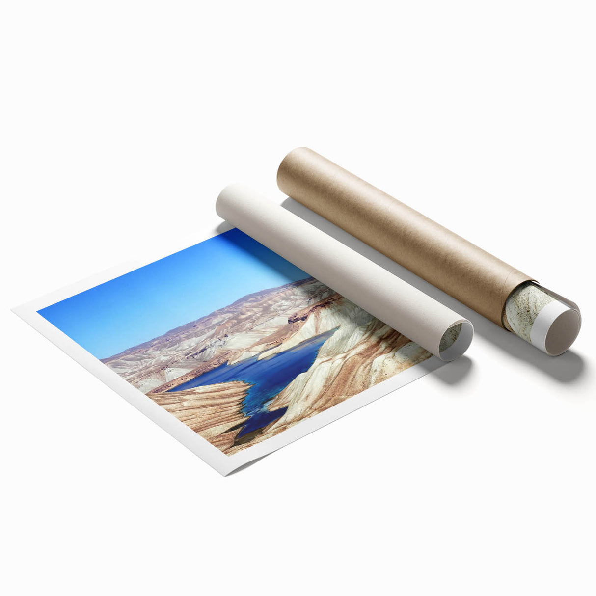 Extra large rolled print depicting a detailed floral scene in muted greens and blues, ideal for classy bathroom wall art.
