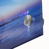 Large abstract depiction of Dubai skyline in muted gold and blue tones on acrylic glass, suitable for dining room art.