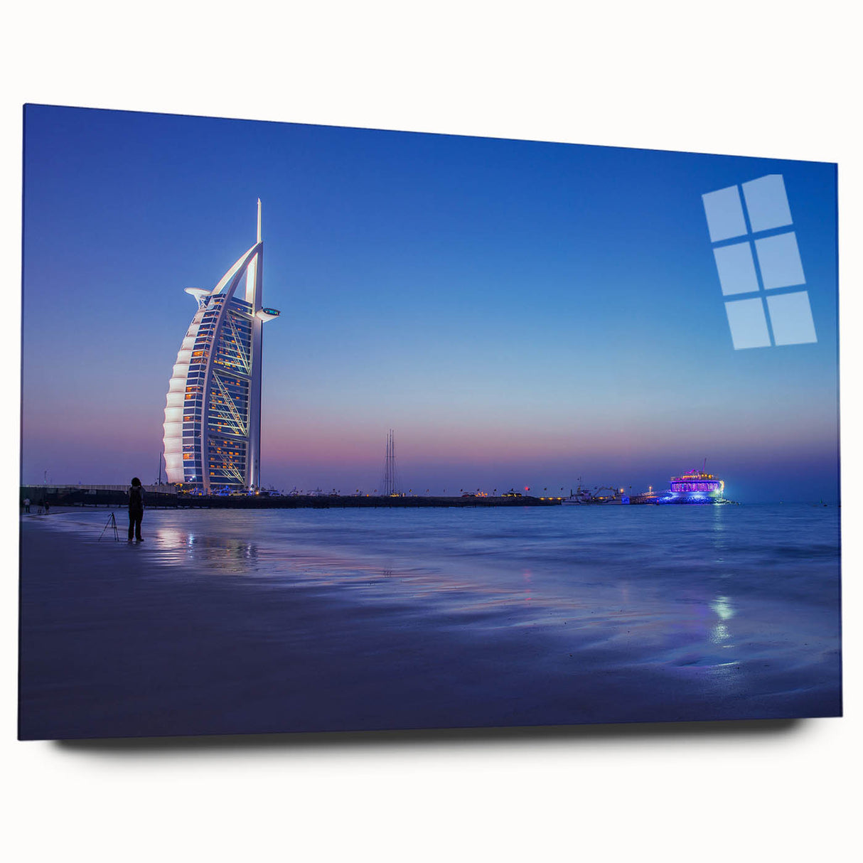 Large abstract depiction of Dubai skyline in muted gold and blue tones on acrylic glass.