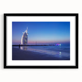 Abstract art print of Dubai skyline in vibrant colors on a large textured canvas, ideal for living room decor.