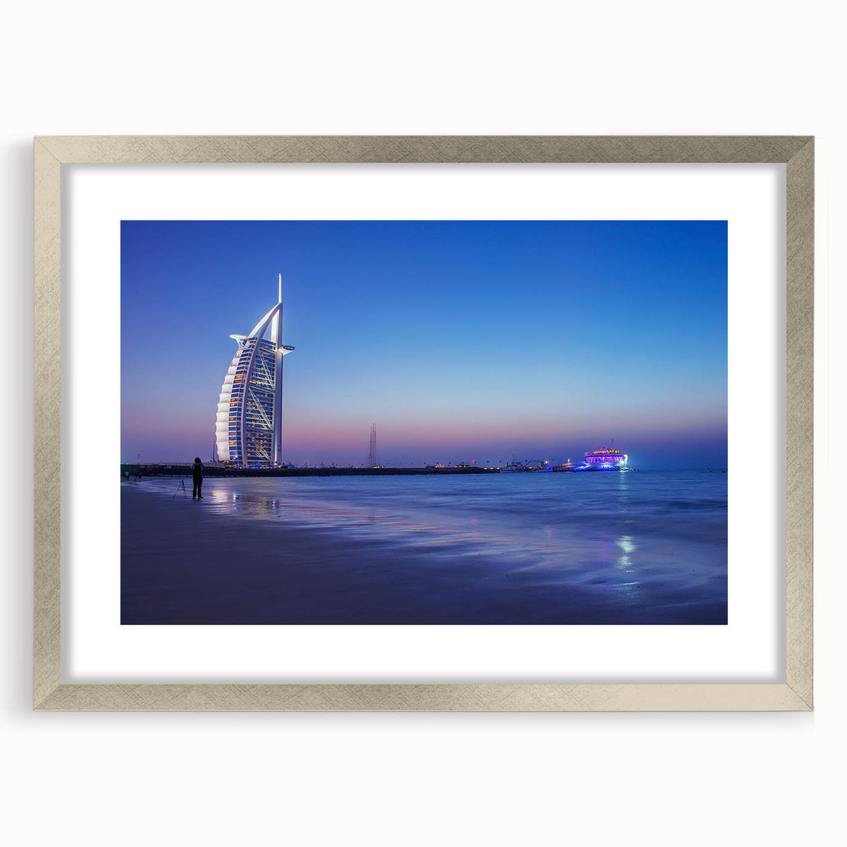 Textured abstract art print of Dubai skyline in muted earth tones on a framed canvas, suitable for bedroom decor.