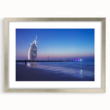 Textured abstract art print of Dubai skyline in muted earth tones on a framed canvas, suitable for bedroom decor.