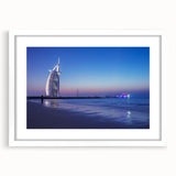 Abstract art print of Dubai skyline in muted gray and blue tones on a framed white mat.