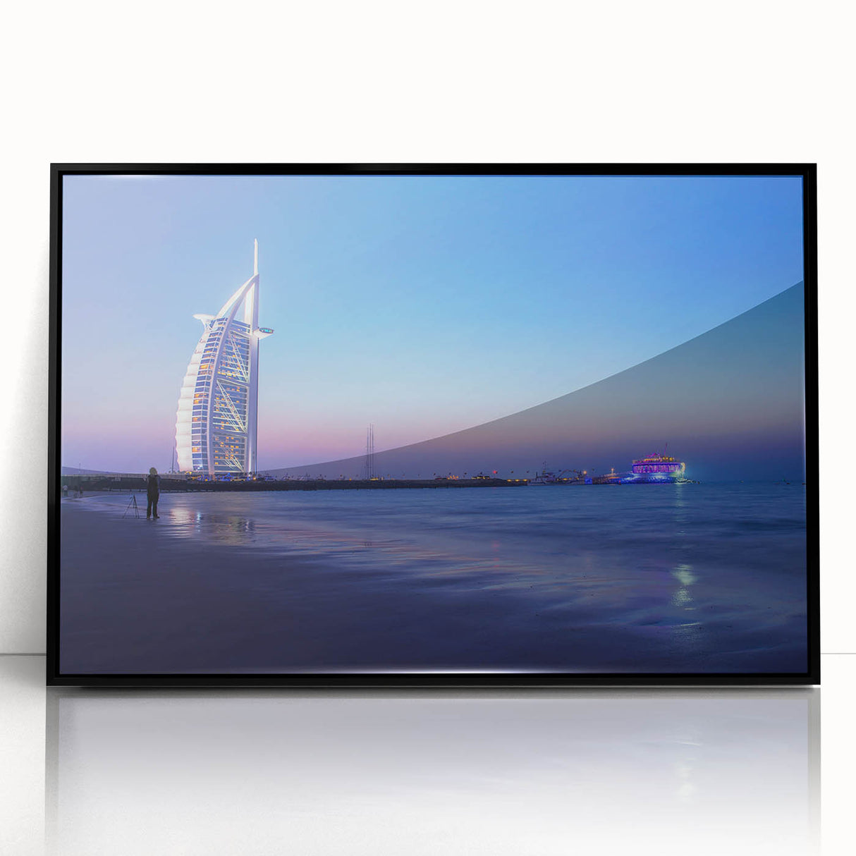 Large abstract wall art depicting Dubai skyline in muted gray tones on a framed acrylic.