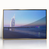 Large art print of Dubai skyline in gold and blue tones on framed acrylic, suitable for modern art wall decor.