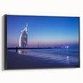Black and white framed canvas of Dubai skyline, featuring vintage poster art style, ideal for bedroom wall decor.