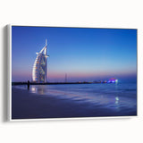 Vintage poster art of Dubai skyline in vibrant colors on a large framed canvas, ideal for living room decor.