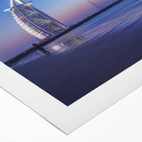 Art Deco poster of Dubai skyline in muted metallic tones on rolled canvas, suitable for dining room decor.