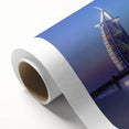 Art deco poster of Dubai skyline in pastel shades on rolled canvas, ideal for nursery wall art or dining room ambiance.
