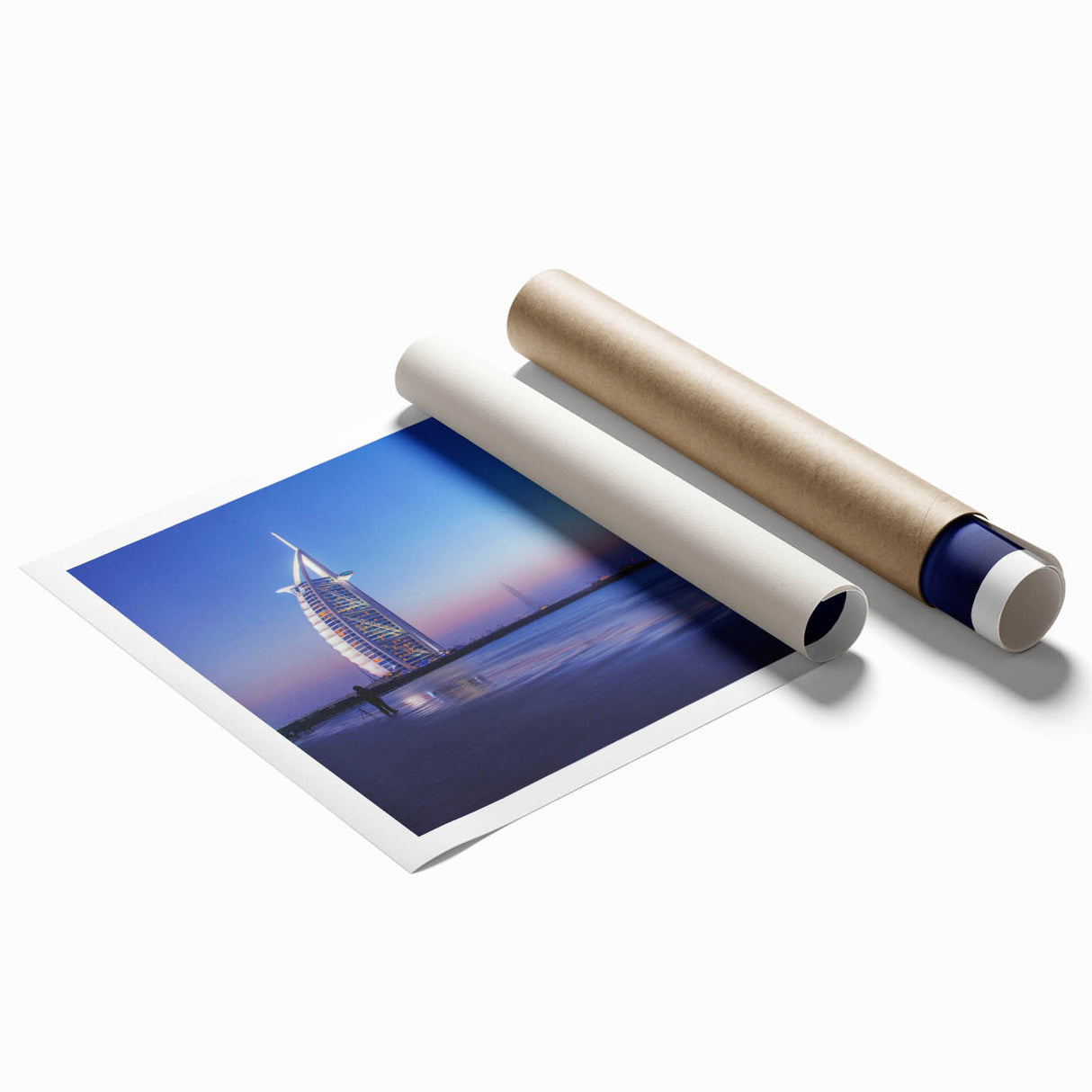 Extra large rolled print of Dubai skyline in muted gray tones, ideal for classy bathroom wall art.