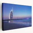 Side view of a stretched canvas depicting the Dubai skyline in muted earth tones, ideal for kitchen wall art.
