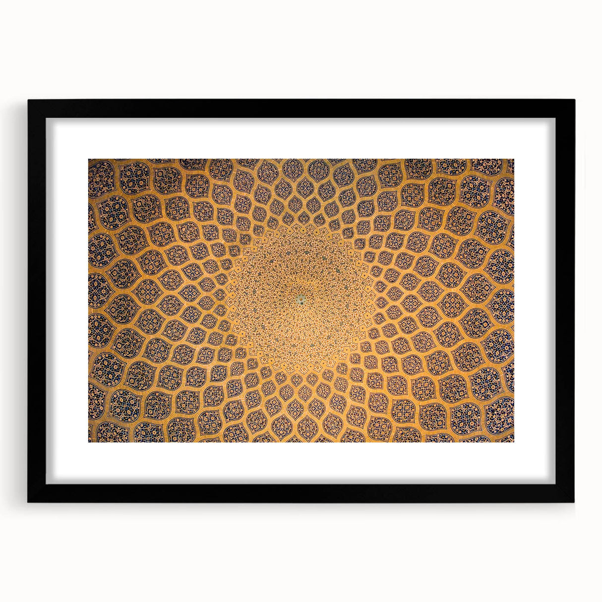 Extra large abstract art print of a colorful, textured Middle Eastern scenery on a framed black mat.