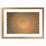 Extra large wall art depicting abstract Middle Eastern scenery in gold and beige tones, framed with mat.