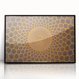 Large abstract wall art depicting a Middle Eastern scenery in muted earth tones on a framed acrylic.