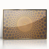 Mid-century modernist acrylic print of a Middle Eastern landscape in gold hues, ideal for modern art wall decor.