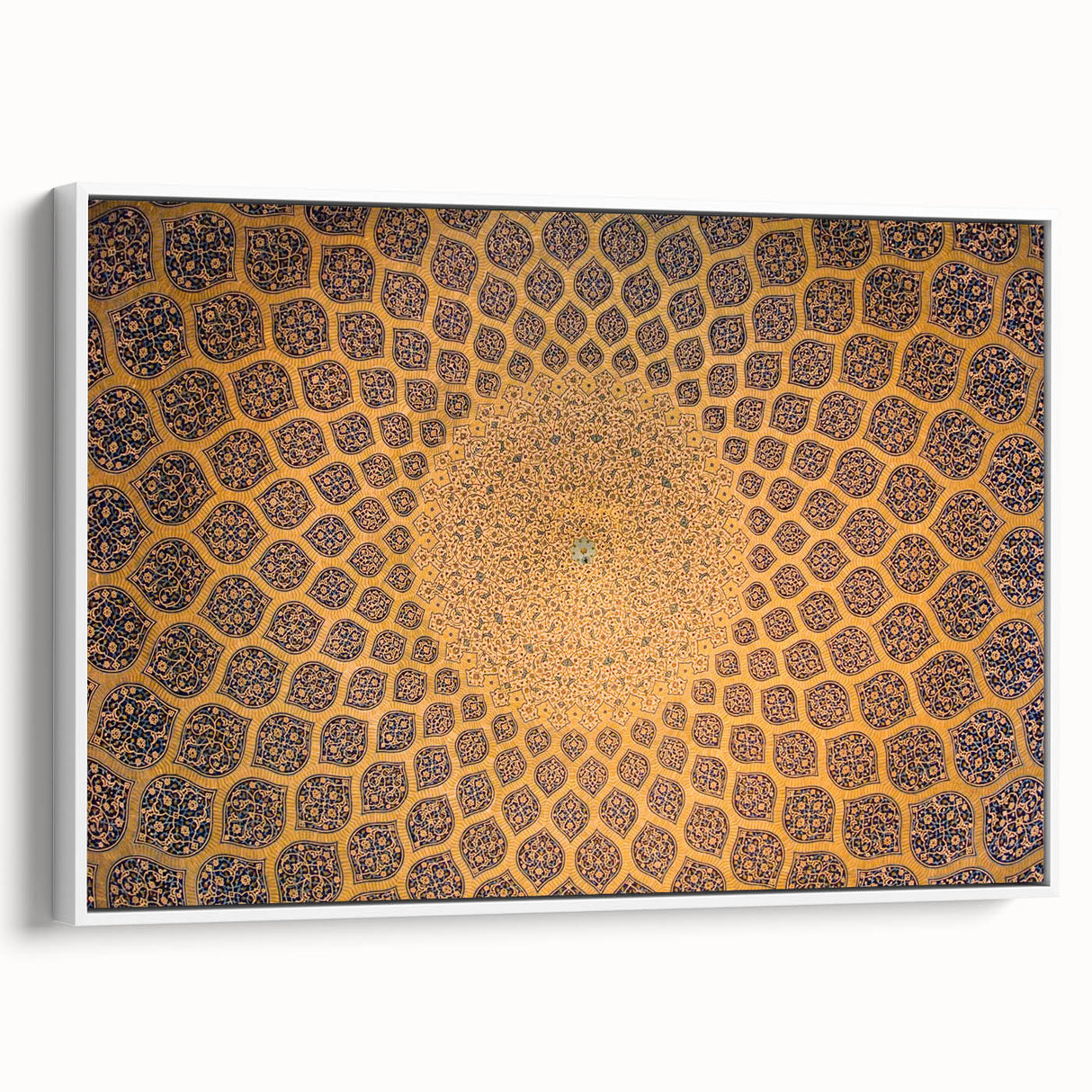 Vintage poster art of a Middle Eastern scenery on a large framed canvas, featuring vibrant colors against a black background.