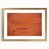 Extra large abstract art print featuring textured scenery of a Middle Eastern landscape in muted earth tones, framed in gold.
