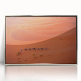 Mid-century modernist art depicting a serene Middle Eastern landscape in muted earth tones, framed acrylic.