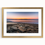 Extra large abstract art print of the Dead Sea in muted blue and gray tones, framed with a gold mat.