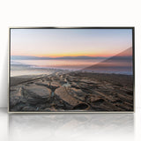 Mid-century modernist art of the Dead Sea in muted blue and silver tones, acrylic print framed in silver.