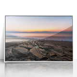 Acrylic print of the Dead Sea with muted blue and beige tones in an art deco style, ideal for modern art wall decor.