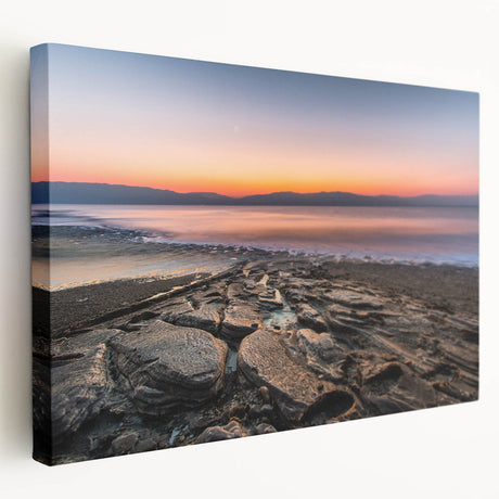 Panoramic view of the Dead Sea in muted blue and beige tones on stretched canvas, suitable for kitchen wall art.