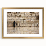 Extra large textured abstract art print of Jerusalem skyline in muted gold tones, framed with mat.