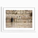 Abstract art print of Jerusalem skyline in muted earth tones on a white framed canvas, suitable for dining room decor.