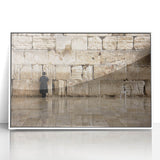 Acrylic print of Jerusalem skyline in muted earth tones, framed in white, suitable for modern art wall decor.
