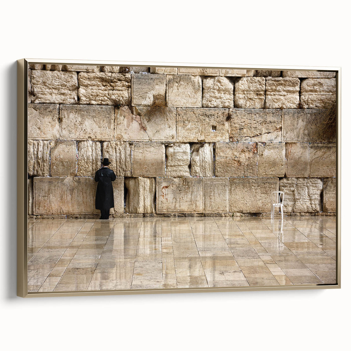 Framed canvas wall art depicting a vintage-style Jerusalem landscape in muted gold and black tones, ideal for bedroom decor.