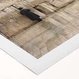 Art deco poster of Jerusalem skyline in muted gold and blue tones on rolled canvas, suitable for dining room decor.