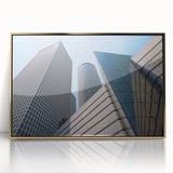 Mid-century modernist art of Tel Aviv skyline in gold and blue tones on a framed acrylic, suitable for modern art wall decor.