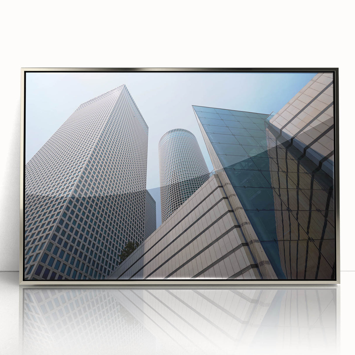 Mid-century modernist art of Tel Aviv skyline in muted silver tones on a framed acrylic print.