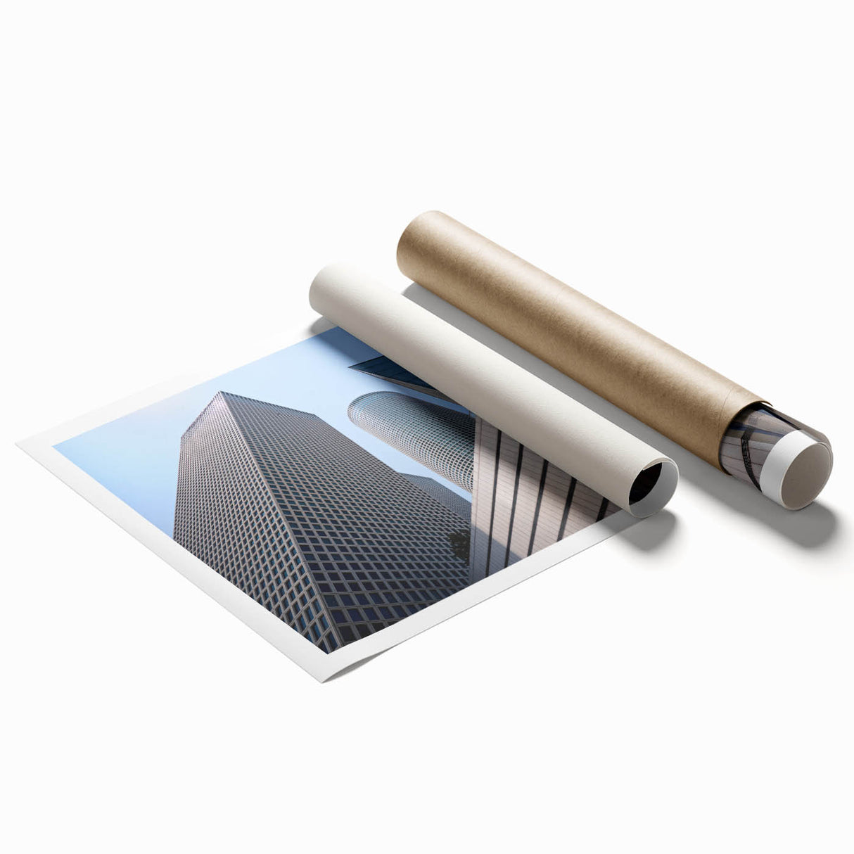 Extra large rolled print depicting Tel Aviv scenery with floral elements in soft pastel shades.