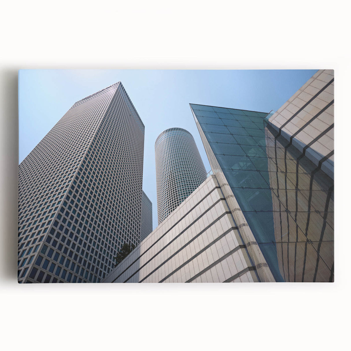 Black and white large art print of Tel Aviv skyline on stretched canvas, ideal for kitchen wall art.