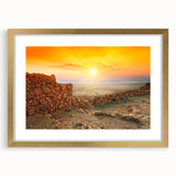 Extra large textured abstract art print depicting Middle Eastern scenery in muted gold and brown tones, framed with mat.