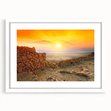 Abstract art print of a Middle Eastern landscape in soft earth tones on a white framed canvas, ideal for dining room decor.