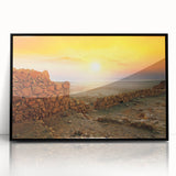 Large abstract wall art depicting a Middle Eastern scenery in muted earth tones on a framed acrylic.