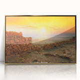 Mid-century modernist style large art print of a Middle Eastern scenery in gold tones, acrylic framed.