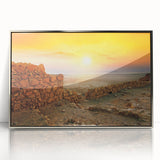 Mid-century modernist art depicting a serene Israeli landscape in muted earth tones on a framed acrylic panel.