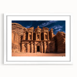 Abstract art print of a Jordanian landscape in muted earth tones on a framed white canvas, suitable for dining room decor.