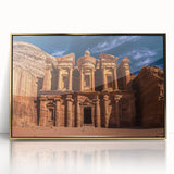 Mid-century modernist style large art print of a Jordanian landscape in gold and earth tones, acrylic framed.