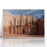 Acrylic print of a serene Middle Eastern landscape in soft pastel shades, framed in white.