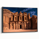 Black and white wall art featuring a vintage poster of the Jordanian landscape on a framed canvas, ideal for bedroom decor.
