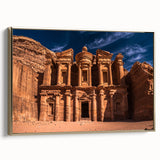 Framed canvas featuring a vintage-style landscape painting of Jordan, with a palette of gold and black.