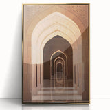 Acrylic print of an Omani landscape in muted earth tones, framed in gold, suitable for modern art wall decor.