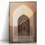 Mid-century modernist art depicting Oman scenery in muted earth tones on a silver-framed acrylic print.