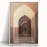 Acrylic print of a Middle Eastern landscape in muted earth tones, framed in white, suitable for modern art wall decor.